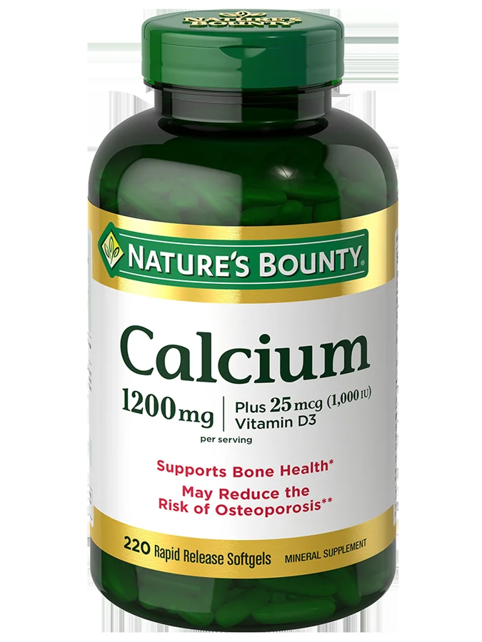 Nature's Bounty Calcium 1200mg plus Vitamin D3 1000 IU softgel bottle, 220 count